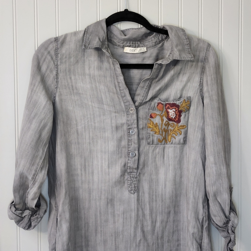 DEX  GRAY SHIRT DRESS WITH RUST COLOR  EMBROIDERY  SIZE S